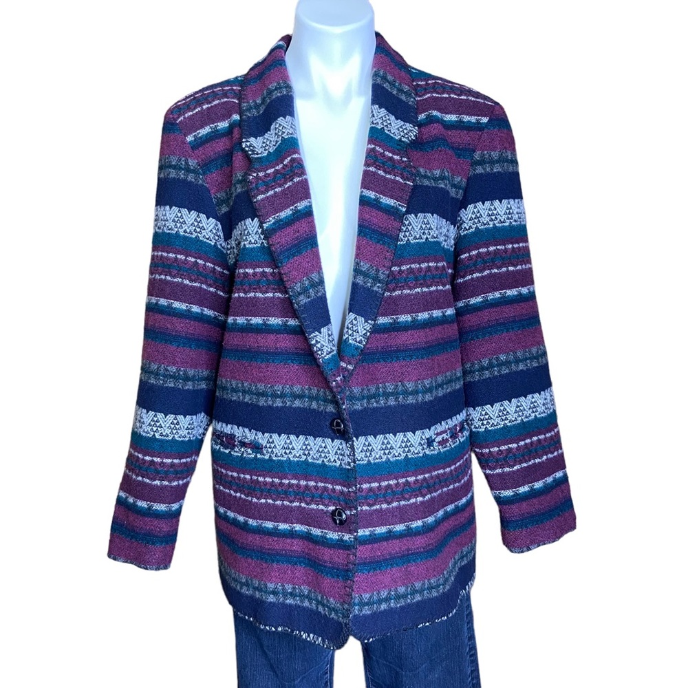 DAVID PAUL Vintage Blazer Wool Blend Jacket Western Boho Purple Teal Medium